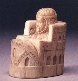 a strange European adaption of the ancient chess piece, made into a queen enthroned in a coloseum