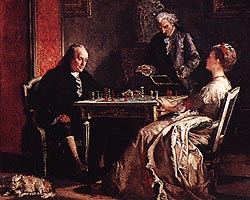 Ben Franklin playing with Lady Howe, a famous game which occurred in London 1774